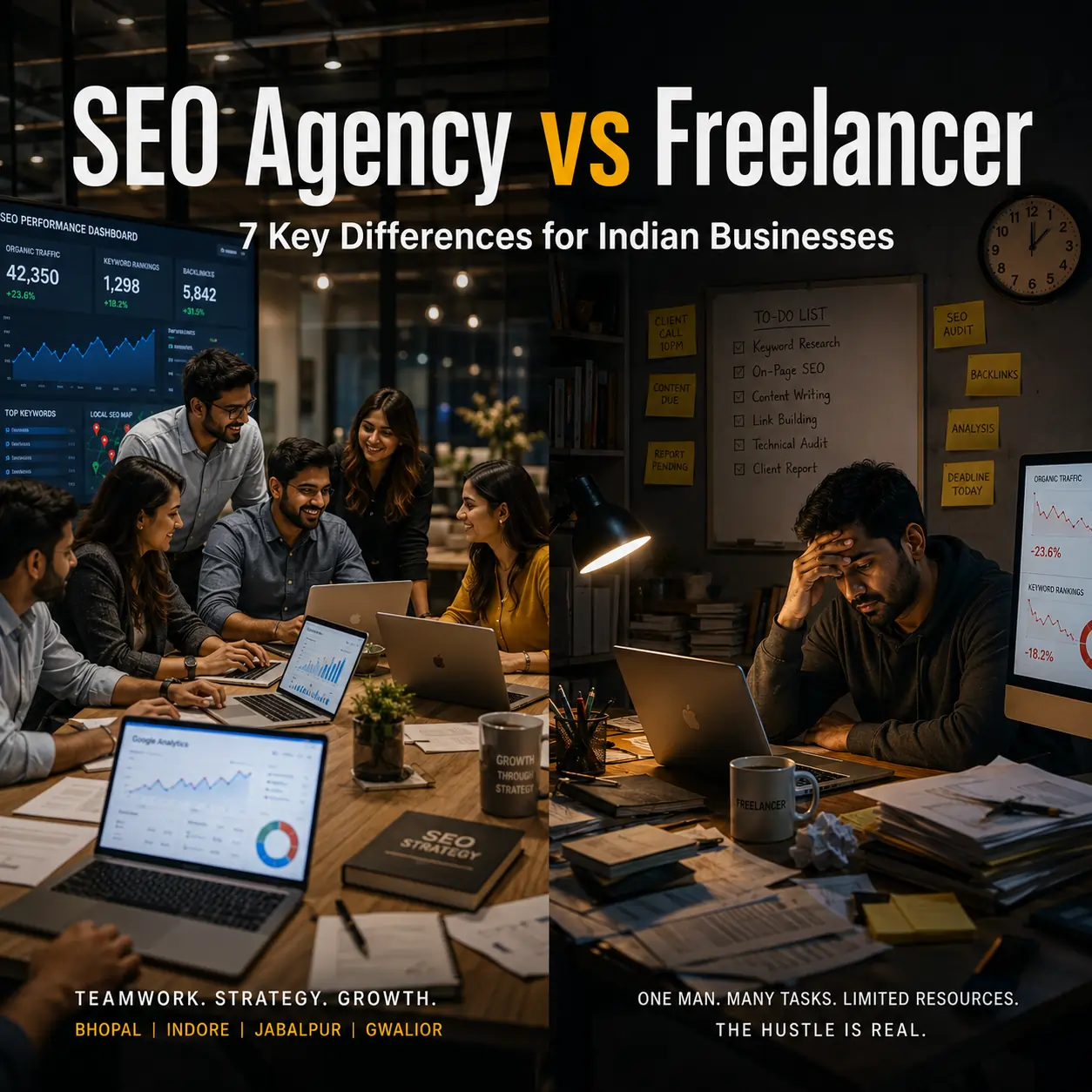 SEO agency vs freelancer comparison showing an Indian SEO agency team collaborating in a modern office versus a stressed freelancer working alone at night with SEO dashboards and analytics screens.