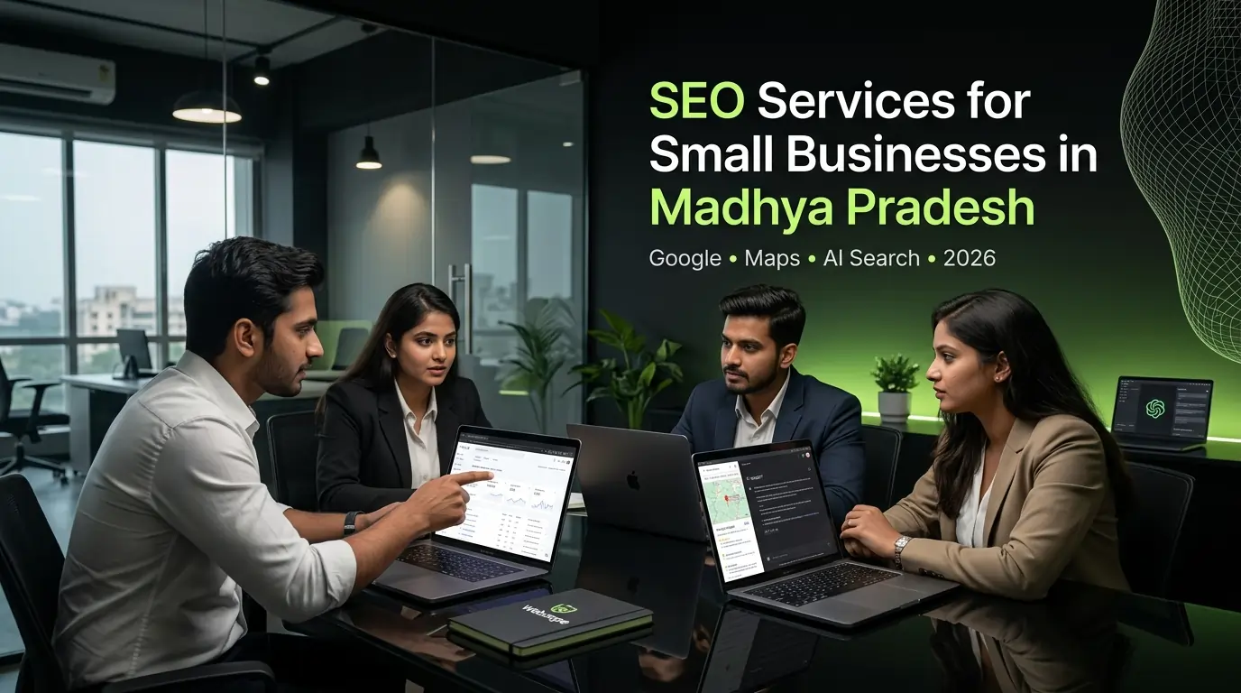 SEO services for small businesses in Madhya Pradesh with Webzope team discussing Google Maps, AI search, and local SEO strategy