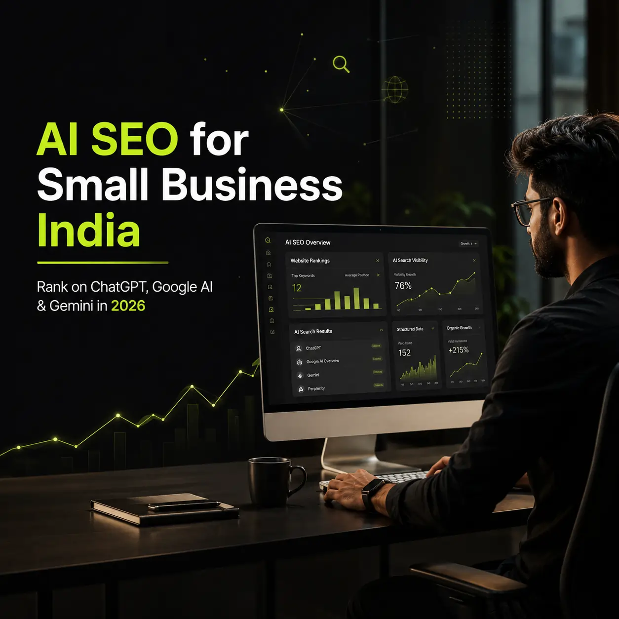 AI SEO for Small Business India dashboard showing AI-powered search optimization, website rankings, Google AI Overview, ChatGPT, and Gemini SEO analytics in 2026.
