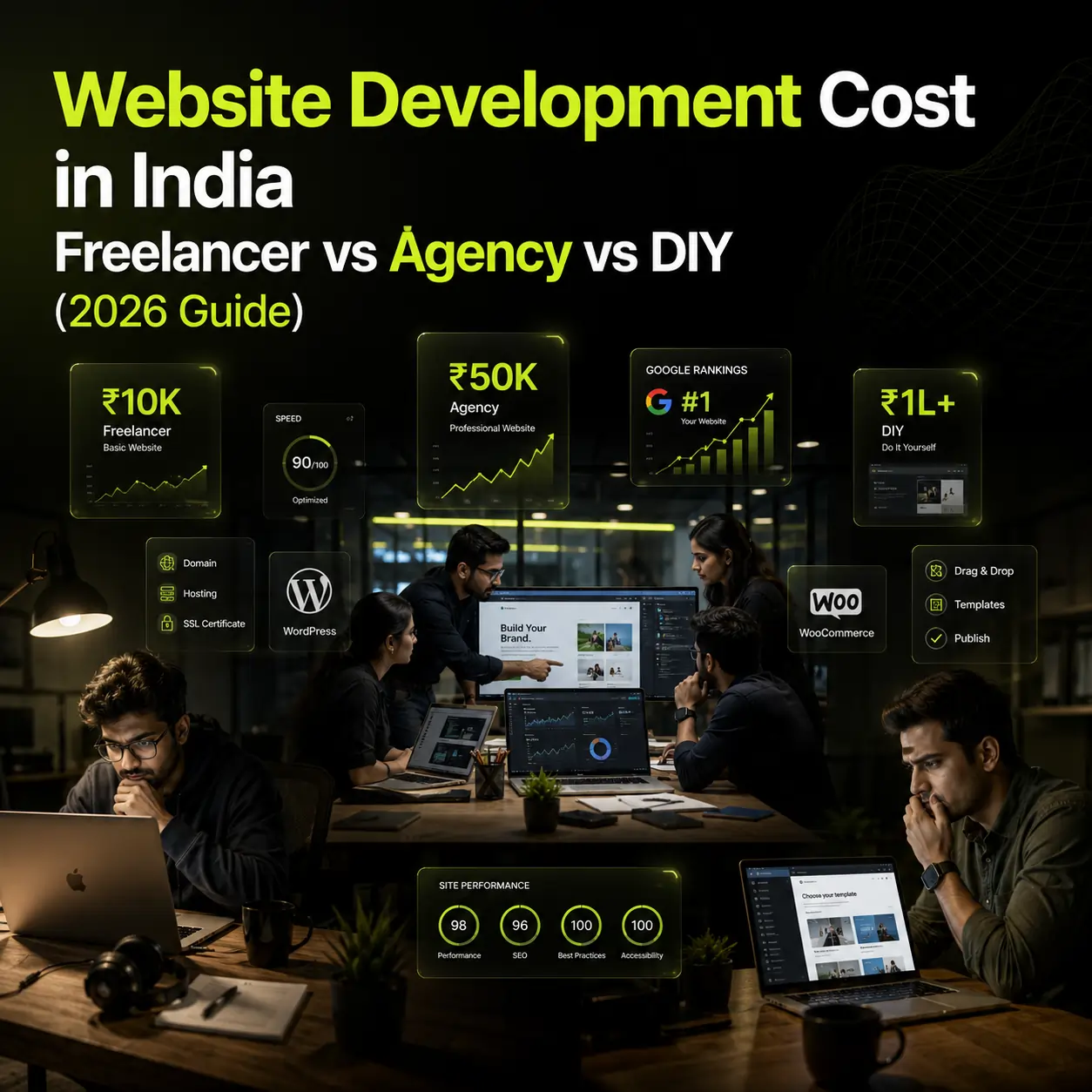 website development cost in India comparison – freelancer vs agency vs DIY showing pricing from ₹10K to ₹1L with WordPress, WooCommerce and performance scores
